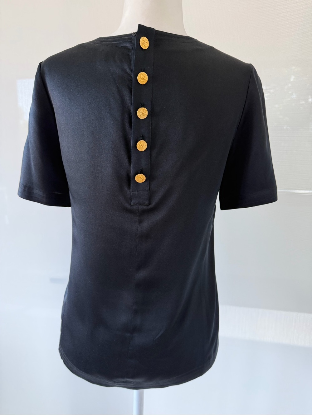 AUTHENTIC CHANEL Black Silk Short-Sleeve Top with Gold Medallion Chanel Buttons